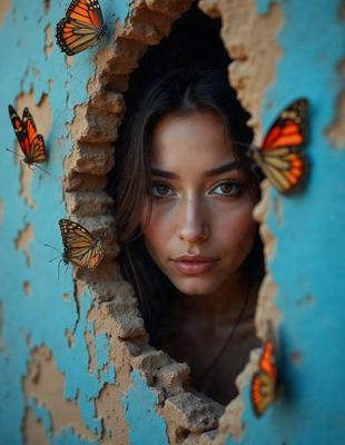 The primary subject of the image is a woman with long hair, who is peeking out from behind a wall. She is surrounded by a variety of butterflies, which are scattered throughout the scene. The setting appears to be a room with a blue wall, and the visual style is a combination of photo and digital art. The colors in the image are predominantly shades of blue and yellow, creating a warm and inviting atmosphere.
